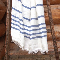 Grande serviette de plage ou de douche en lin à grosses rayures bleues