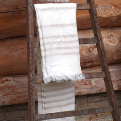 Grande serviette de plage ou de douche en lin à rayures beige