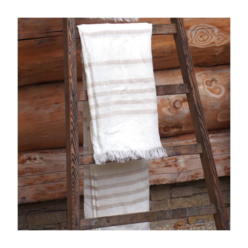Grande serviette de plage ou de douche en lin à rayures beige