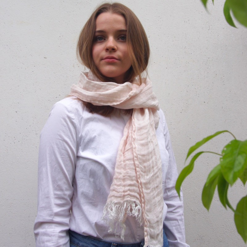Écharpe foulard en pur lin Corail pastel avec franges